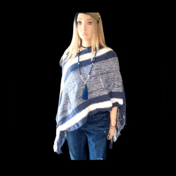 Black & White or Blue & White Poncho /Sweater - Picture 2 of 3